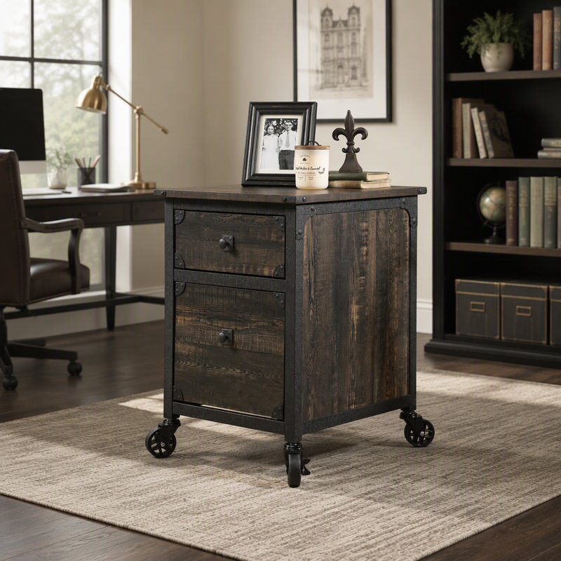 Caisson à dossiers lisse avec deux tiroirs et finition chêne foncé pour un rangement de bureau efficace