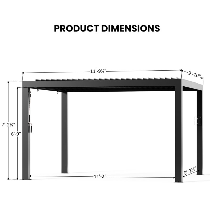 Pergola à persiennes 10 ‘x 12 pi Aurora avec double couche réglable, gouttière intégrée et prise de charge USB, Matte Black