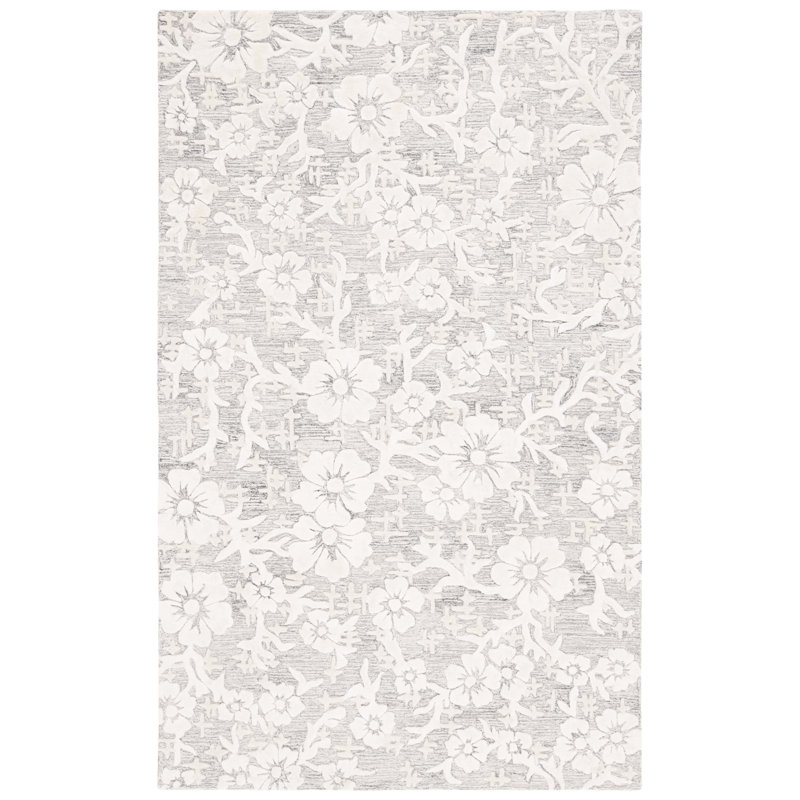 Sirish Hand Tufted Wool/Viscose/Cotton Floral Rug in Ivory/Gray, Rectangle 5' x 8'