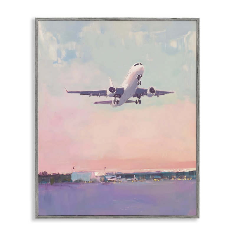 Airplane Takeoff into Pastel Skies Framed Giclee, design by The Prints Vibe, 30 x 24, Farmhouse Grey Giclee Framed