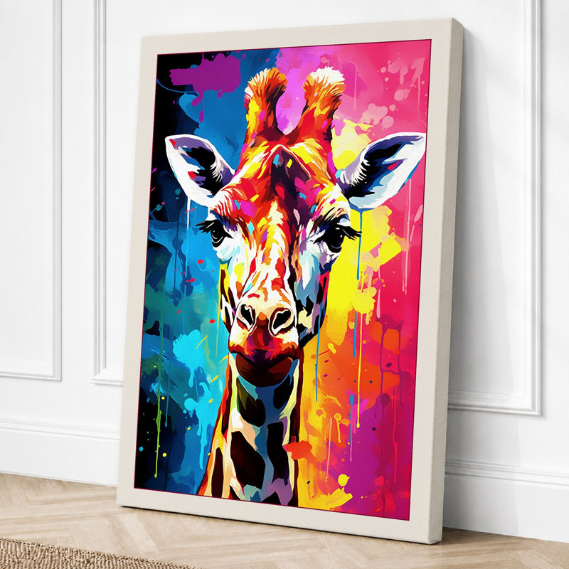 Bold Giraffe Portrait Modern 1 Piece Wrapped Canvas Wall Art, 24x16 - 61.0 x 40.6 cm, Cream Border