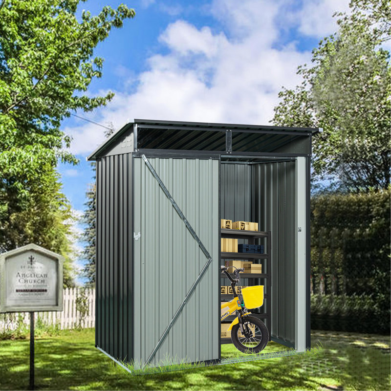 Gray 5ft X 3ft Outdoor Metal Storage Shed, Galvanized Iron Structure For Reliability, Transparent Panel, Hinged Door, Simple Build Process Shed In Gray, Strong And Long-lasting Construction, Plate,