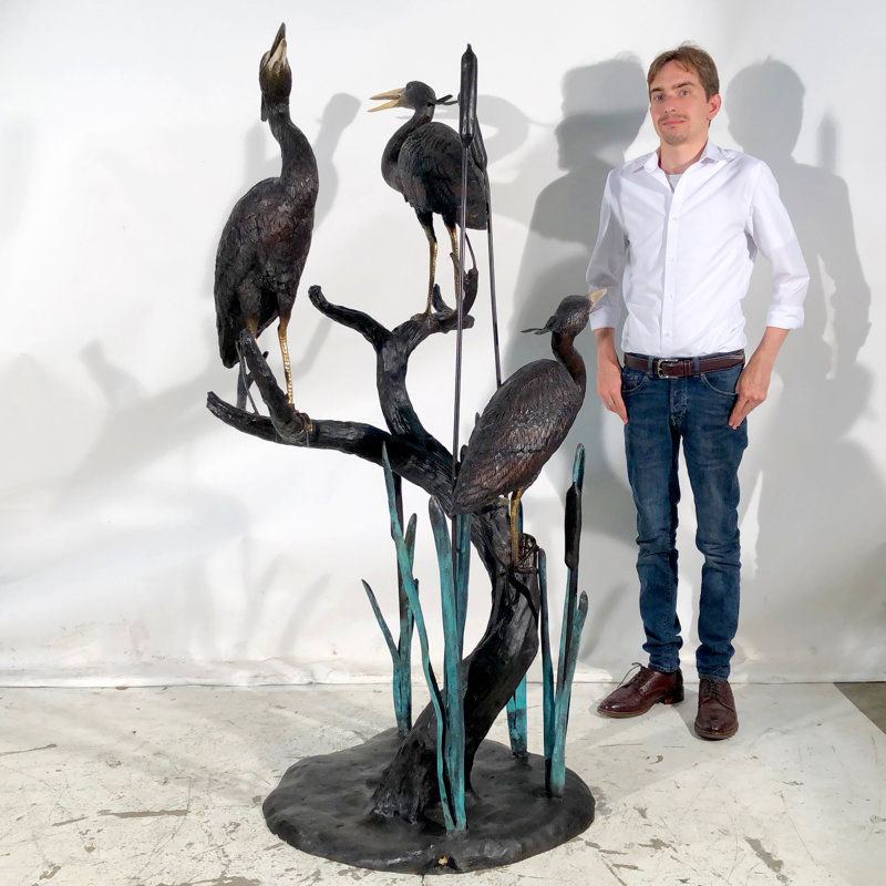 Bronze Three Herons in Grass Fountain Sculpture