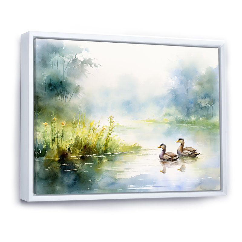 Canards qui nagent à l'aquarelle d'un étang printanier, H 12 po x l 20 po x P 1 po, Cadre flottant blanc