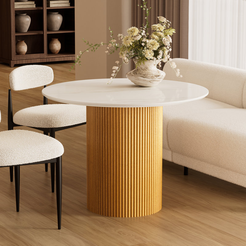 Table de salle à manger ronde 42 po en faux marbre avec base cannelée en bois, H 30 po x L 42 po x l 42 po, Blanc