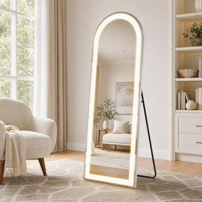 26" x 71" Lighted Floor Mirror with Stand, 3-Color LED Lights, Freestanding or Wall-Mounted