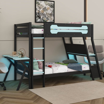 Twin Size Gaming Bunk Bed With 2 Built-In Desks, USB Desktop Ports & Pegboard Organizer, Wood Bunk Frame