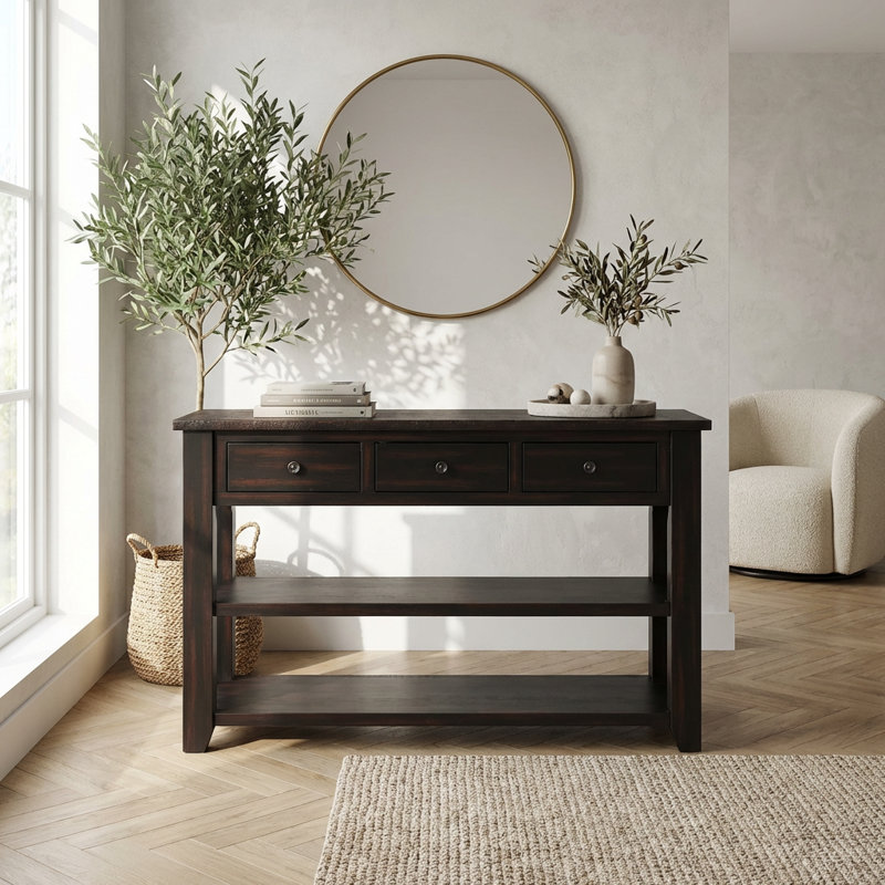 Console en bois de pin massif avec plateau vieilli, trois tiroirs et deux tablettes