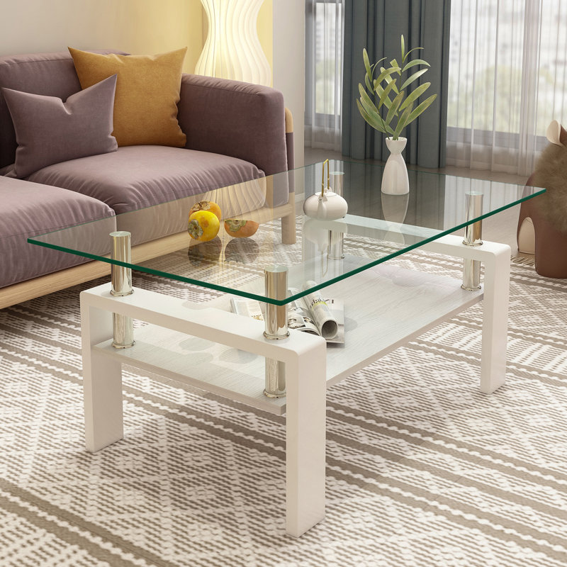 Table basse rectangulaire, table de salon avec tablette, table basse moderne, table à thé, Blanc, Gris
