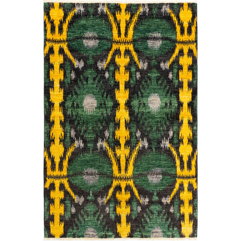 Tapis unique vert / jaune en laine noué à la main style Mogul des années 2010 de 5 pi 11 po x 9 pi Quinya