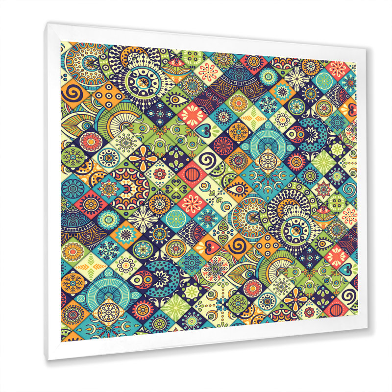 «Ethnic Floral Geometrics», impression sur toile, H 37,5 po x l 37,5 po x P 1,5 po, Cadre blanc