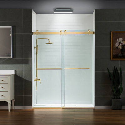 Portes de douche sans cadre de 56 à 60 po de largeur x 76 po de hauteur avec verre trempé transparent de 5/16 po (8 mm), double coulissement avec bandes d'étanchéité latérales