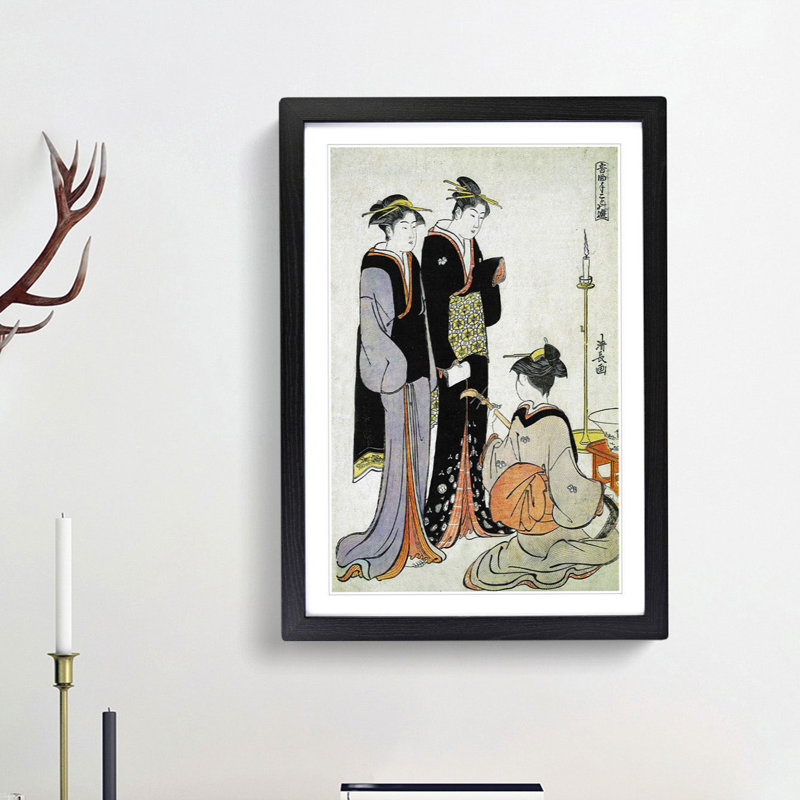 Two Courtesans & a Geisha by Torii Kiyonaga - Picture Frame Painting Print, 48cm H x 36cm W x 2cm D, Black Framed