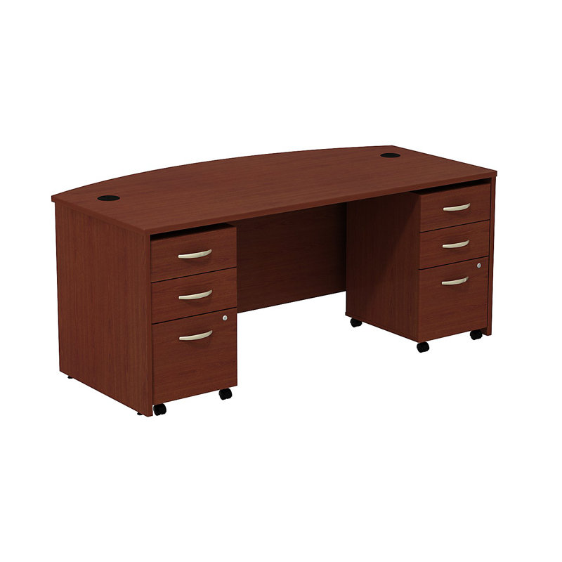 Series C Bow Front Desk with (2) 3 Drawer Mobile Pedestals - Reversible, Mahogany/Mahogany