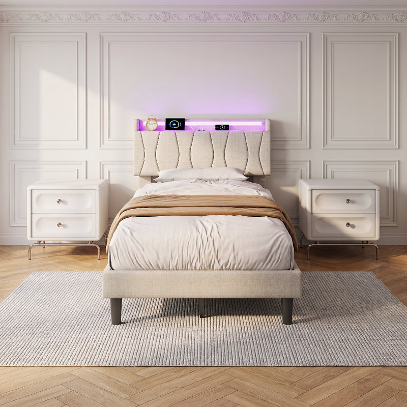 Upholstered Bed Frame, European Single (90 x 200 cm), Beige