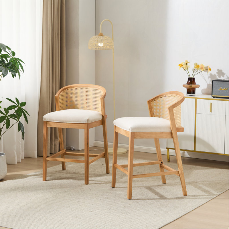 Tabouret de comptoir d'intérieur en bois, structure de finition naturelle avec revêtement beige, ensemble de 2