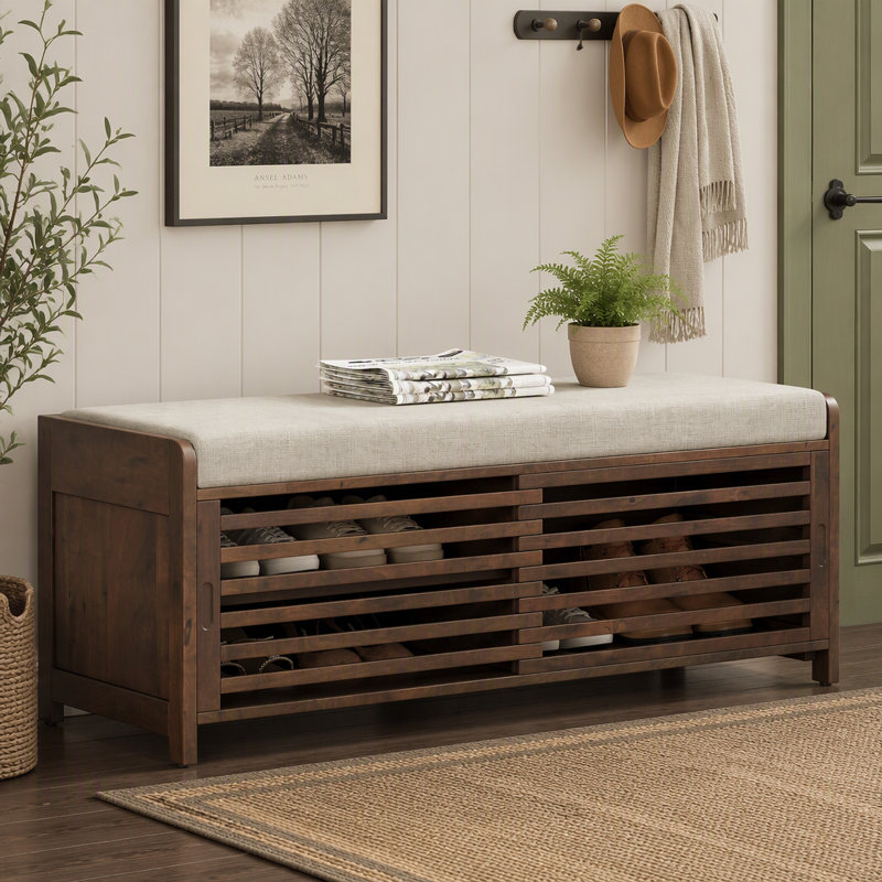 Banc à chaussures avec rangement et coussin, banc de rangement à volets vieillis avec charme rétro pour le salon, vestibule