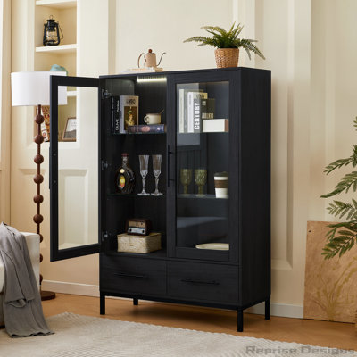 60'' Tall Display Cabinet with Tempered Glass Door, LED Lighting, Two Drawers