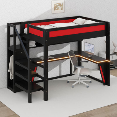 Lit mezzanine double avec bureau et escalier de rangement, lit mezzanine de jeu en bois avec éclairage DEL, station de chargement USB et armoire