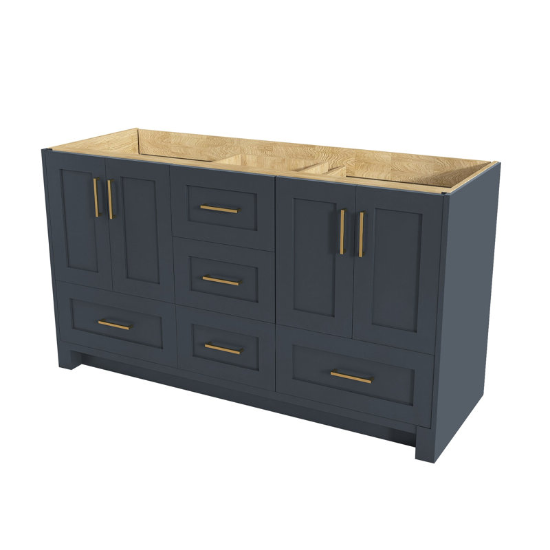 Base de meuble-lavabo double 60 po en bois massif sans lavabo, Bleu marine