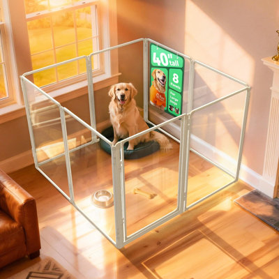 Parc pour chien d'intérieur en acrylique AuraSpace Pro de FXW, robuste avec structure en métal, hauteur de 40 po et 8 panneaux pour chiens de taille moyenne et grande, blanc