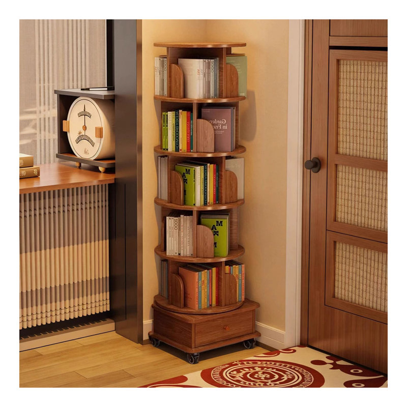 Rotating Bookshelf, 360 Display Corner Bookshelf for Small Space, 6 Tier Bookcase Storage Rack with Wheels, Wood Narrow Organizer for Bedroom, Living Room, Study Room, Walnut Brown,Shelves,Bookcase