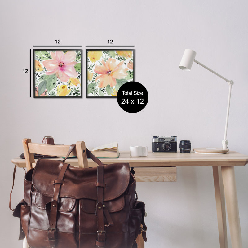  Grand ensemble de 2 giclées roses et corail par Lanie Loreth, Giclée encadrée noir minuit, H 12 po x l 12 po