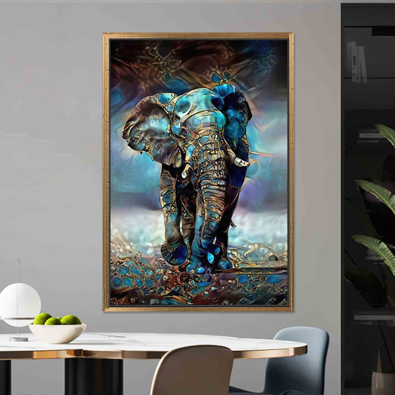 Abstrait éléphant sur toile, impression de décor moderne bleu, 1P or encadré, H: 15,8 po x l: 11,9 po