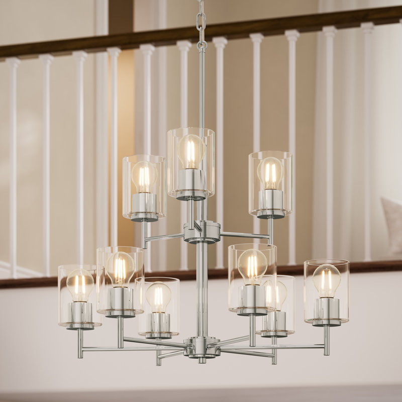 Lustre en nickel poli à 9 lumières avec abat-jour en verre transparent Replay Collection, Clair, Nickel poli