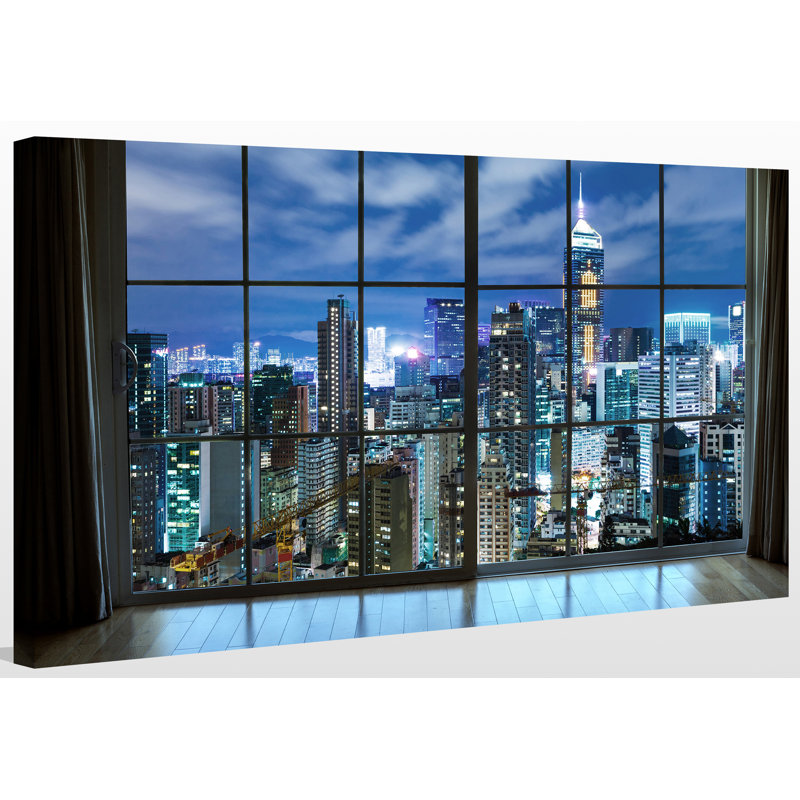 «Hong Kong City at Night Window», reproduction de photo sur toile tendue, H 28 po x l 48 po x P 1,5 po