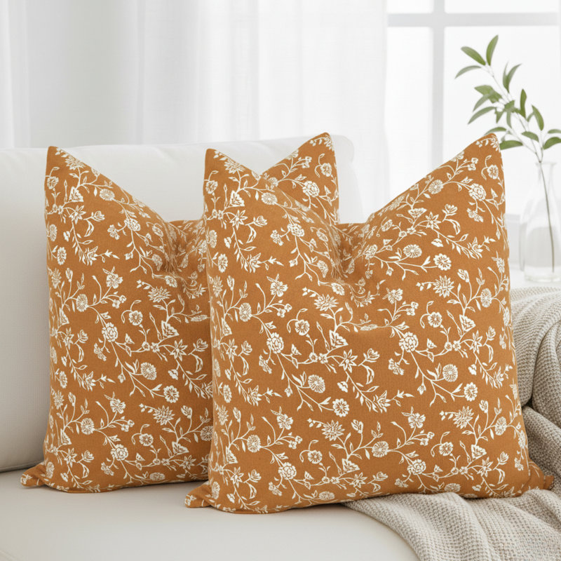 Floral Pillow Covers Vintage Flowers On Vine Design, Cotton Cushion Cover With Botanical Pattern Pack of 2, Cinnamon Brown