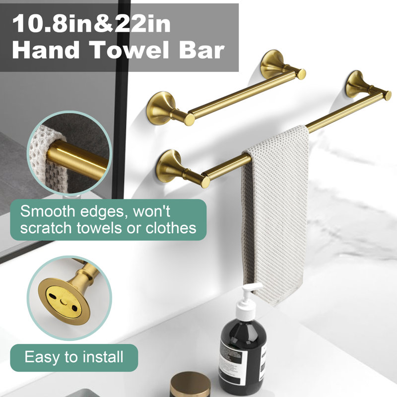 6 - Piece Bathroom Hardware Set, Brushed Gold, 3" H x 22" W x 3" D