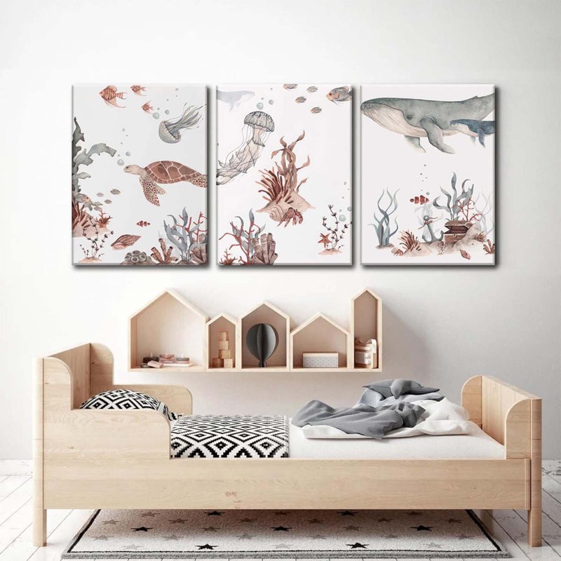Ocean Nursery Decor,Nursery Wall Decor,Kids Bathroom Decor,Under The Sea, Room Sea Animal Wall Art Picture Canvas Prints Set Of 3,Bedroom Framed