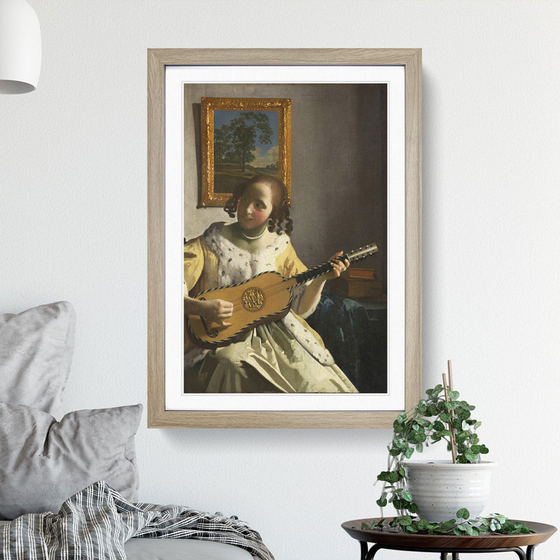 Girl Playing Instrument by Johannes Vermeer - Picture Frame Painting, Oak Framed, 48cm H x 36cm W x 2cm D