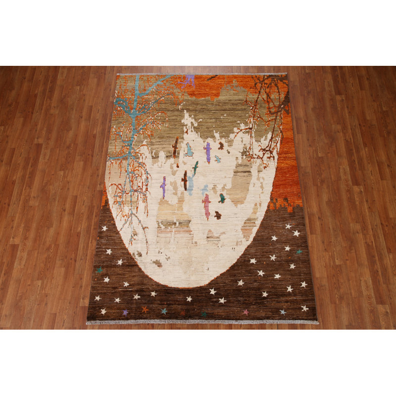 Tapis unique en laine noué à la main 5 pi 9 po x 7 pi 10 po nouvel âge Kashkoli - brun / crème / orange
