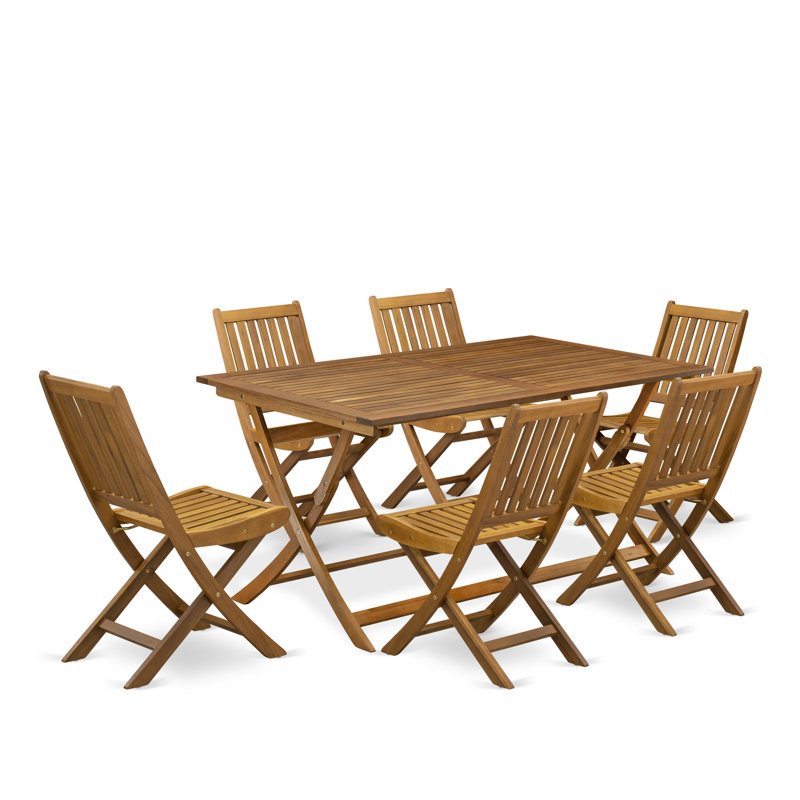 7 Piece Patio Bistro Dining Furniture Set Consist of a Rectangle Outdoor Acacia Wood Table and 6 Folding Side Chairs, Natural Oil