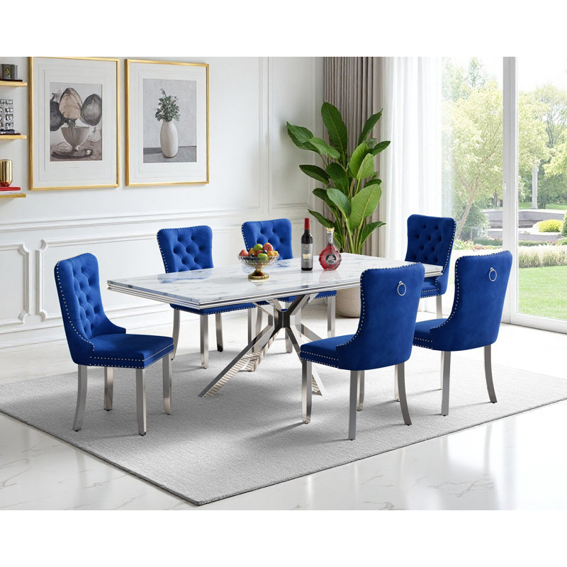 Dining Table with Dining Chairs, Silver, 7 Pieces: Table, 6 Chairs, Blue