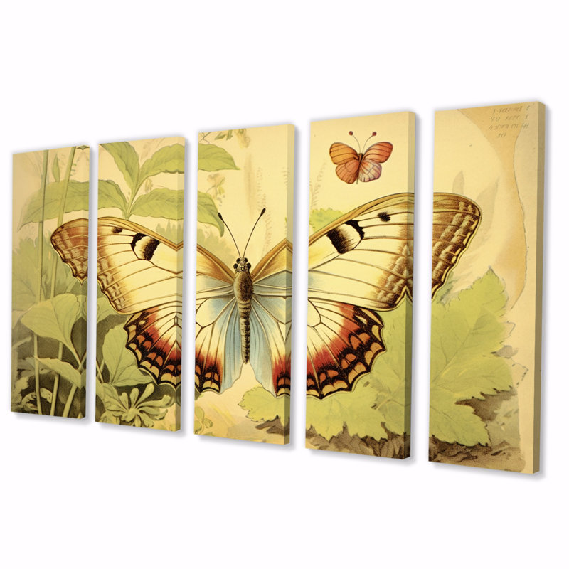 Illustration rétro de l'élégant papillon II - salon d'art mural papillon animaux - 5 panneaux égaux