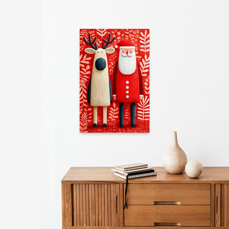 Festive Santa Reindeer Whimsical Abstract Contemporary Winter Wall Art Print 1 Piece Wrapped Canvas Wall Art