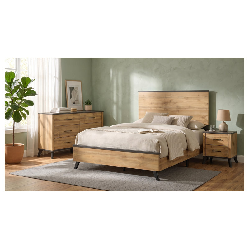 Ensemble de chambre à coucher Elmwood Queen 3 pièces comprenant un lit à panneaux, une commode et une table de chevet, en brun vieilli et pin naturel.