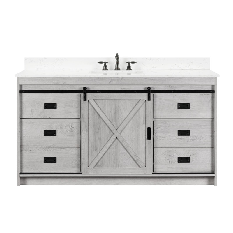 Jillian 60'' Single Bathroom Vanity with Engineered Stone Top, White Wash/Matt Black