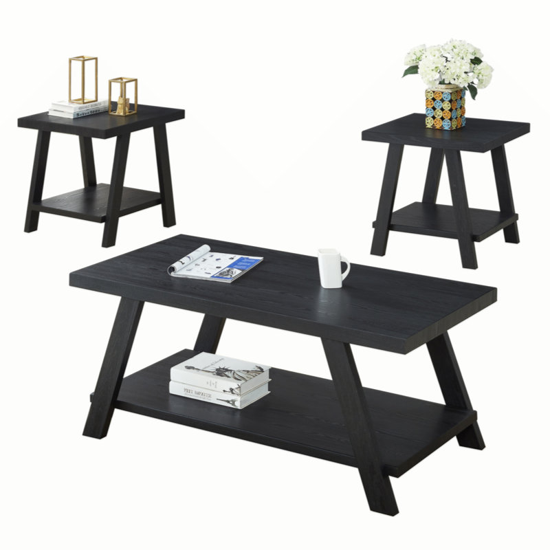 Tevis 3-Piece Wood Coffee Table with Shelf, Black, Black