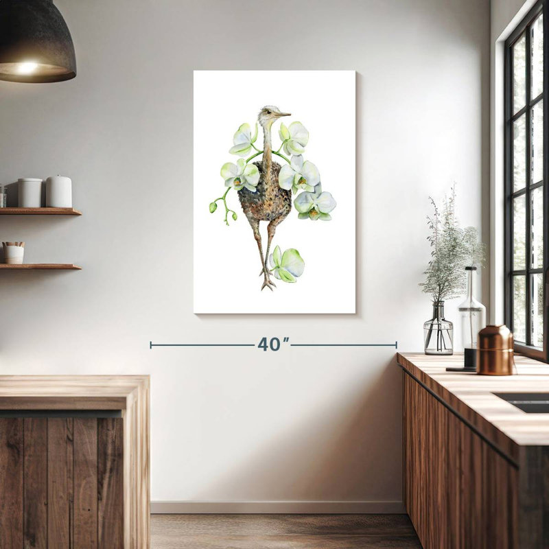 Autruche et orchidée, H 39 po x l 26 po