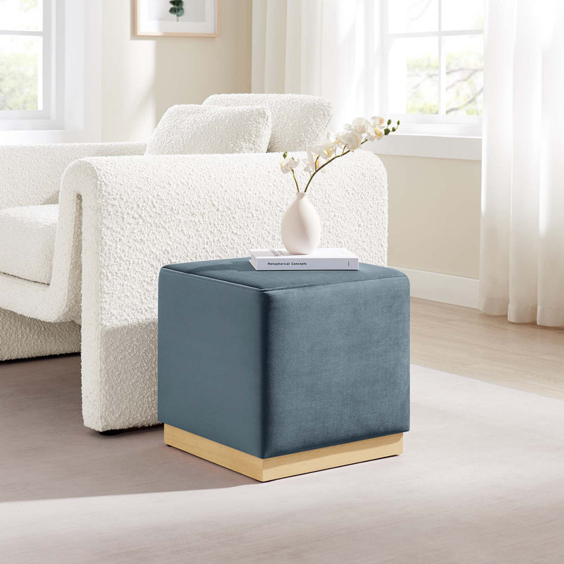 Cadet Blue Velvet Upholstered Ottoman with Rubberwood Base