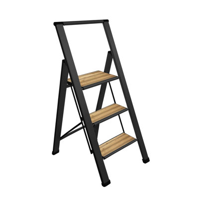 Échelle en bambou moderne à 3 marches Sorfey Premium. Léger, profil ultra mince, marches antidérapantes, robuste et portable pour la maison, le bureau, la cuisine, la photographie, finition en aluminium argenté