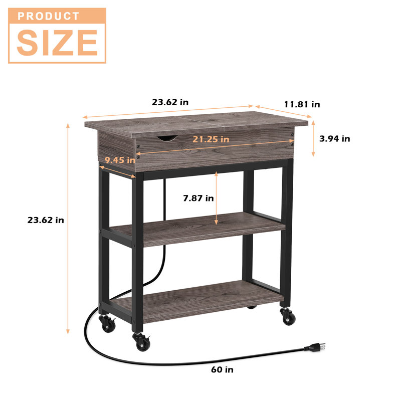 Solid Wood Top End Table and Built-In Outlets, Gray
