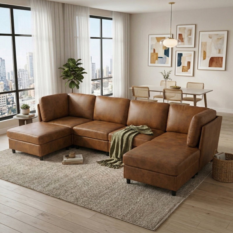 Canapé d'angle moderne avec repose-pieds librement configurable, 124" W, Light Brown Fabric