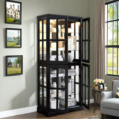 Antique Display Cabinet With 4 Glass Doors, Adjustable Shelves, Metal Embossed Handles And Integrated Lighting