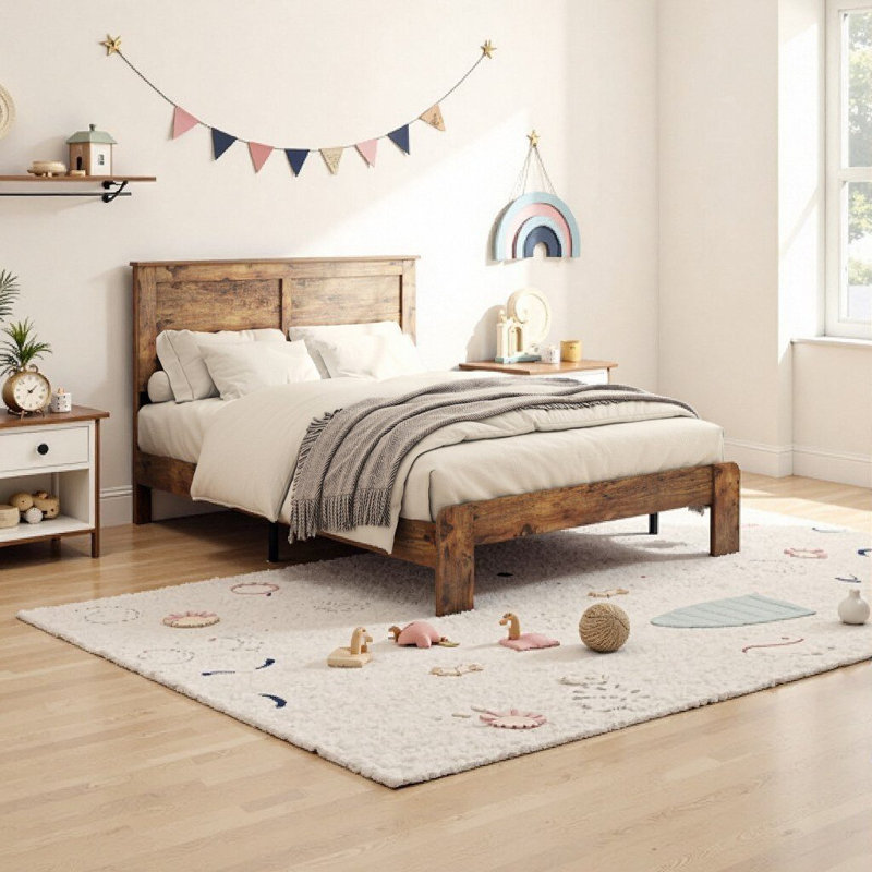 Structure de lit plateforme en bois brun foncé avec rangement - sans bruit, aucun sommier requis, assemblage facile