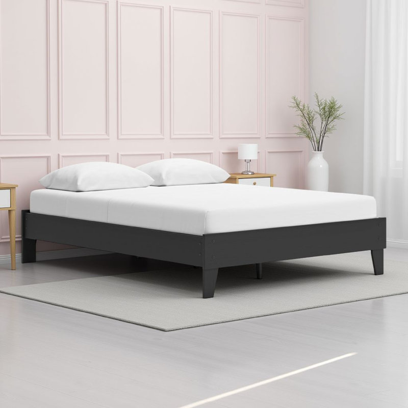 Lit plateforme Alli, bois moderne, profil bas, Noir, Grand